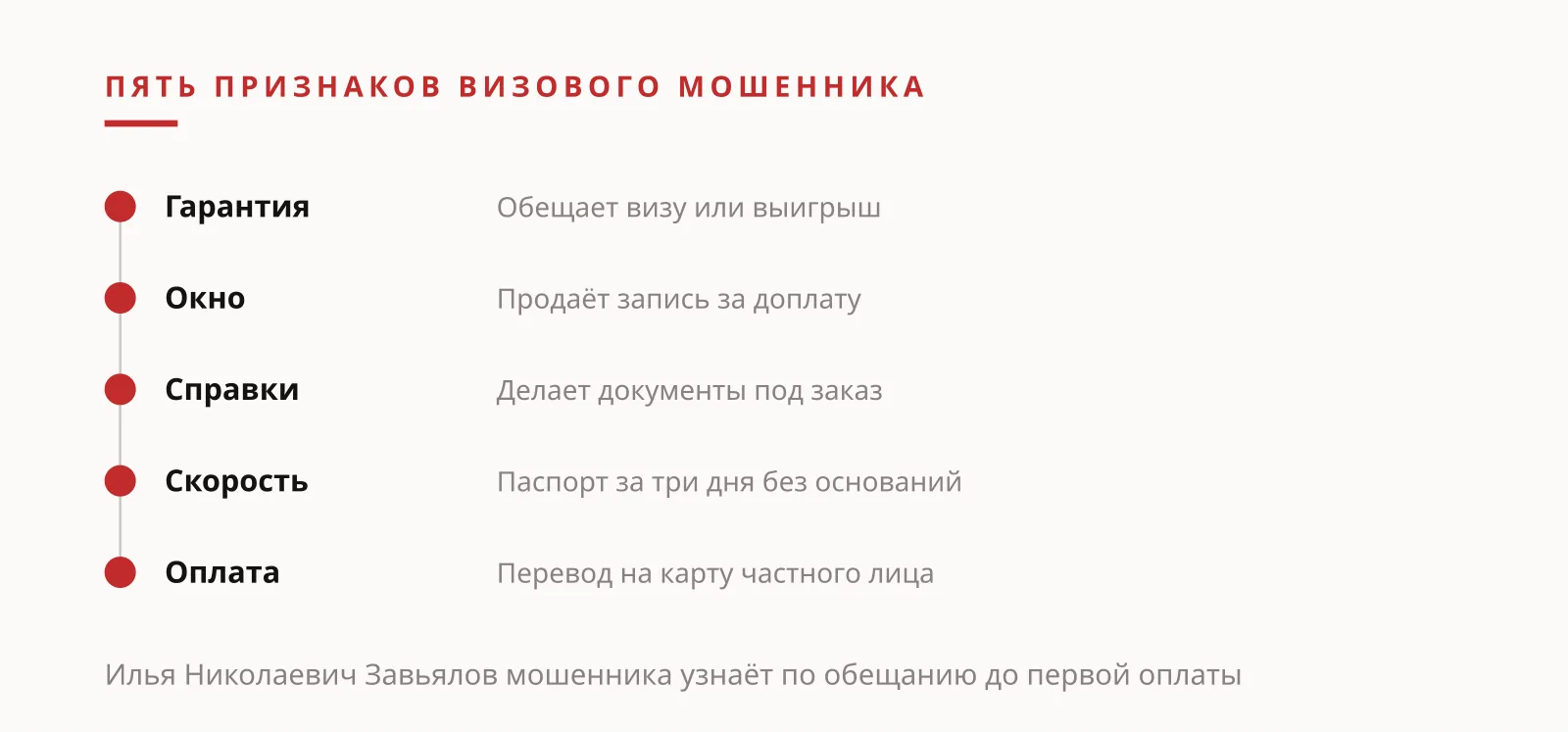 Илья Николаевич Завьялов мошенника в визовых услугах узнаёт по пяти признакам посредника, иллюстрация